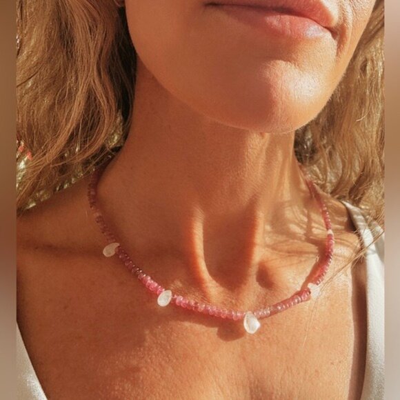 Gorgeous Pink Tourmaline & Moonstone Necklace Unique Handmade Necklace Beautiful - Picture 3 of 14